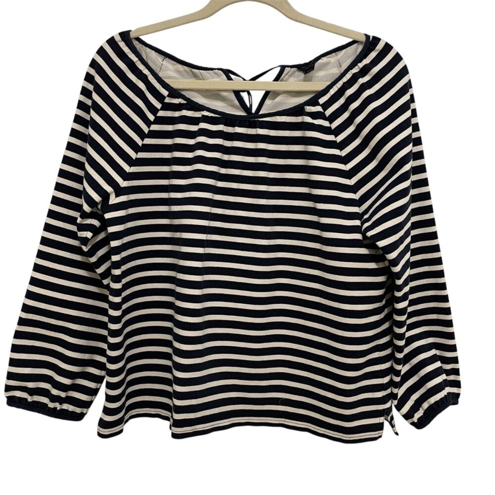 J.Crew Striped Cotton Top Womens‎ M Elastic Cuffs Back Tie Detail Nautical